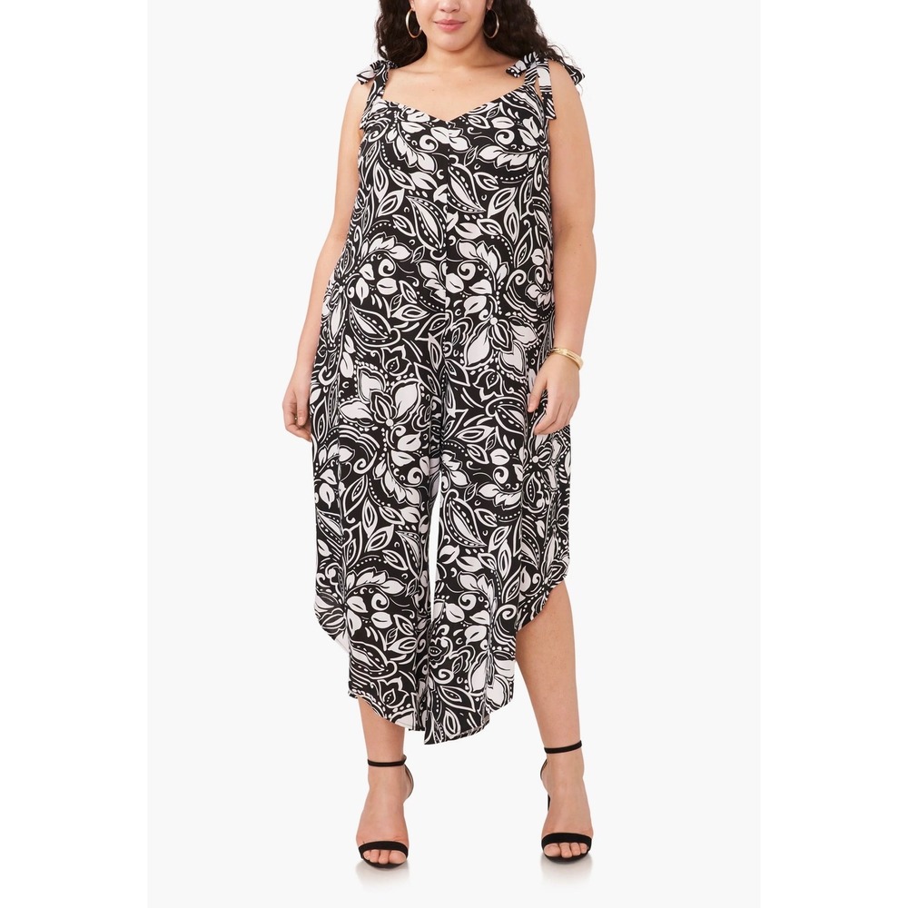 Vince Camuto Womens XL Black White Floral Tie Strap Angled Hem Jumpsuit Rayon